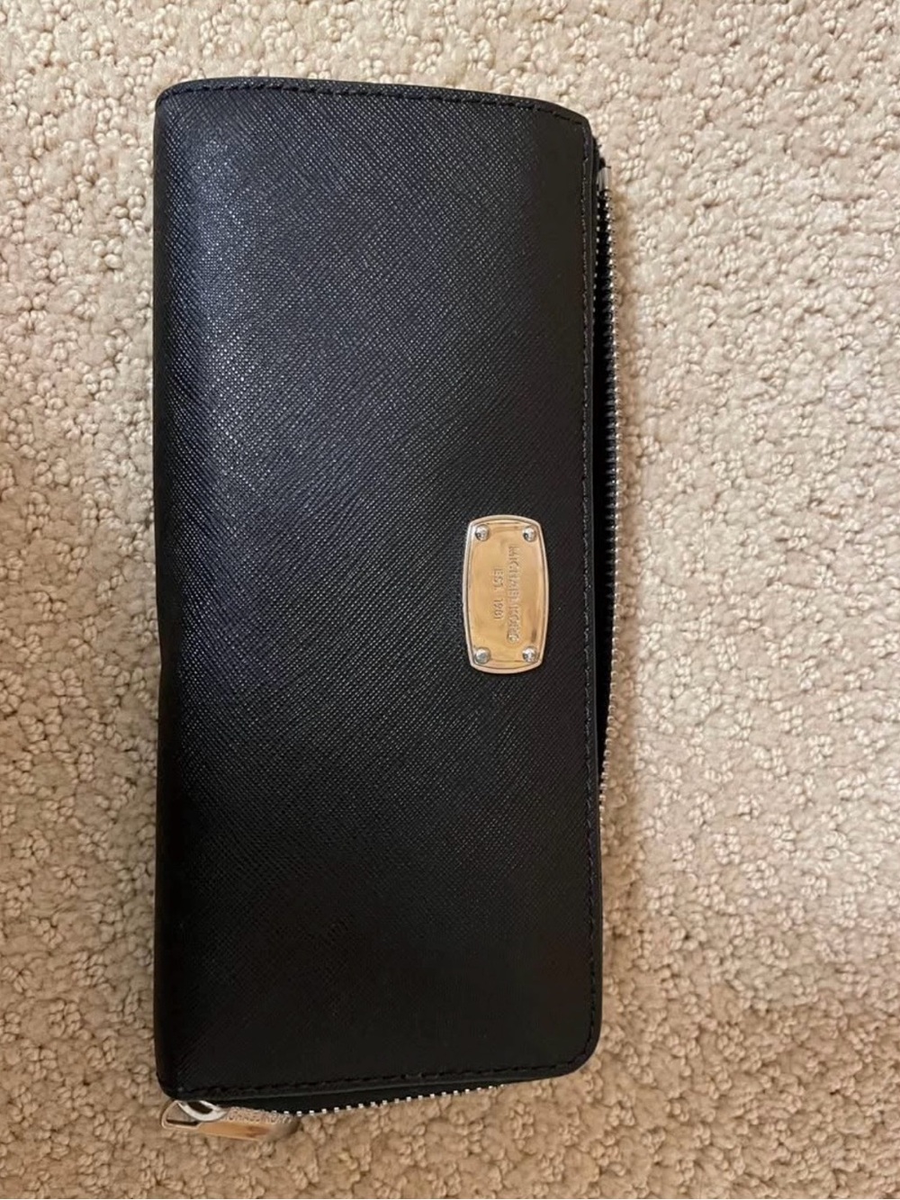 Michael Kors Black Zip-Around Leather Wallet with Gold Plaque